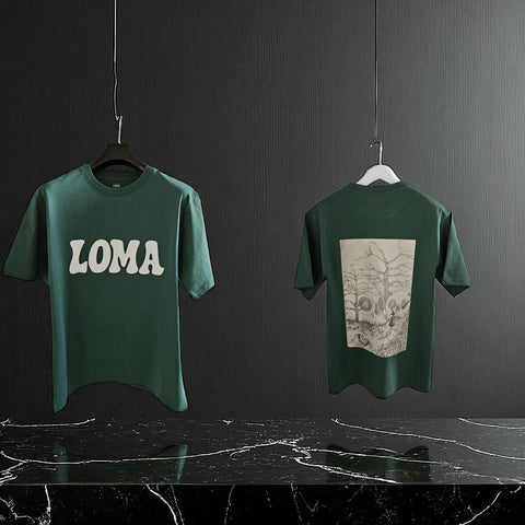 Two green t-shirts on hangers against a dark background